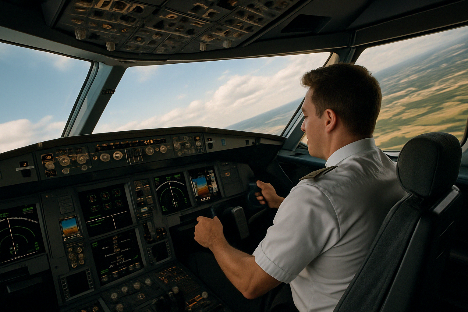 Pilot turning the plane in a cockpit